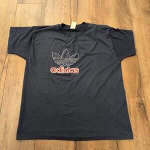 VTG Adidas Trifold Logo Adult XL Shirt Spellout Red‎ Font Blue Single Stitch